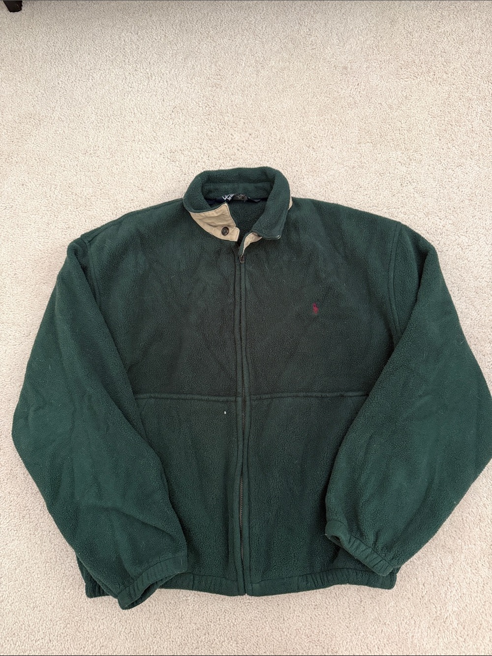 Polo by Ralph Lauren Dark Green Full-Zip Fleece Jacket with Tan Trim